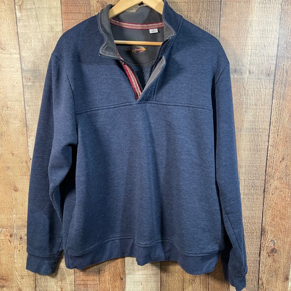 Orvis Mens XL Navy Quarter Zip Snap Pullover Sweatshirt Fleece Lined Fly Fishing